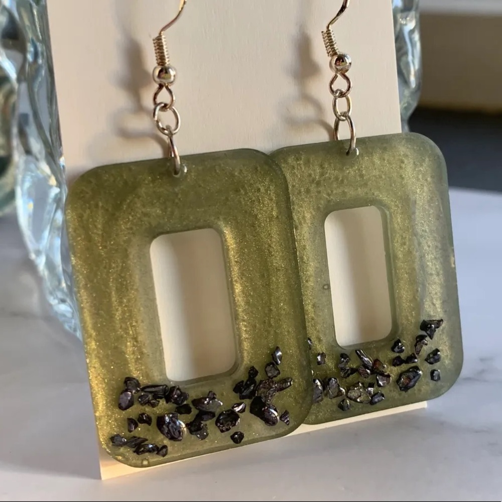 Shimmery army green rectangle drop earrings